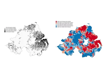 Ciekawe dane z Irlandii Północnej pokazują, że protestanci częściej niż katolicy tracą wiarę. Czerwone obszary (więcej protestantów niż katolików) pokrywają się na mapie z obszarymi czarnymi i ciemnoszarymi (wysoki odsetek ateistów).