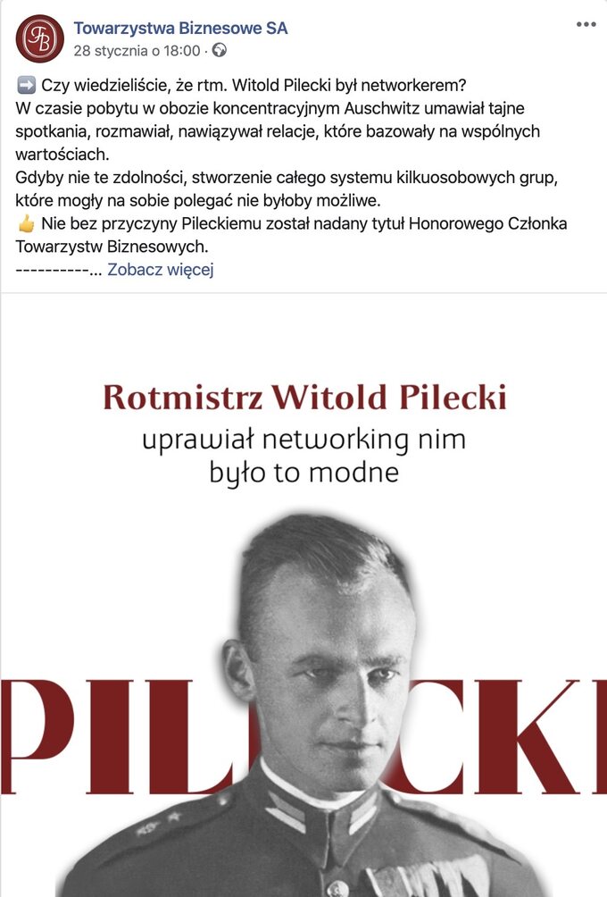 Towarzystwa Biznesowe przedstawiły Witolda Pileckiego jako networkera (zrzut ekranu ze profilu FB)