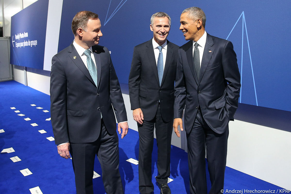 Prezydent Andrzej Duda, Prezydent USA Barack Obama i Szef NATO Jens Stoltenberg podczas Szczytu NATO w Warszawie 