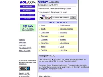 Zrzut ekranu ze strony AOL.com ze stycznia 1998 roku (archive.org)