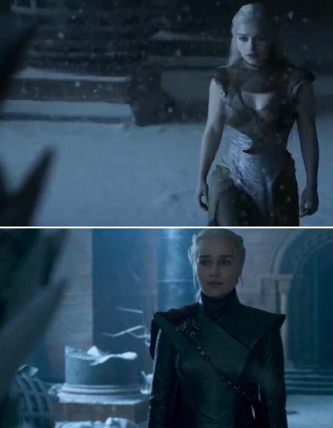 Daenerys dotyka Żelaznego Tronu Scena, w której Daenerys podchodzi do Żelaznego Tronu jest spełnieniem wizji z drugiego sezonu. Wówczas  Daenerys również idzie przez salę w której pada śnieg - w finałowym epizodzie jest to jednak opadający pył - po czym zbliża się do tronu, jednak ostatecznie go nie dotyka. W ostatnim odcinku „Gry o tron” udaje jej się to zrobić, tuż przed tym, jak umiera.