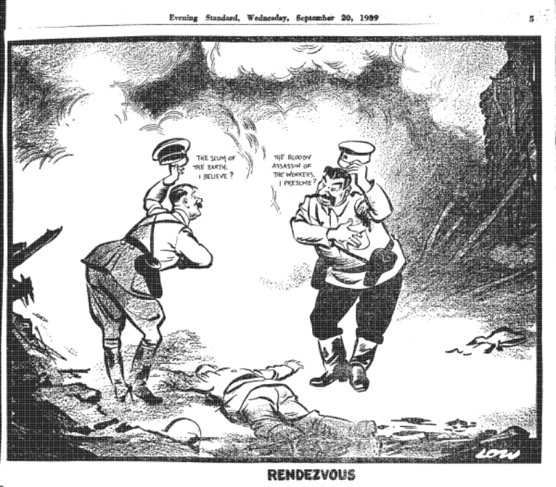 A tak 17 września widział zachód. Spotkanie Hitlera i Stalina nad trupem polskiego żołnierza na karykaturze w brytyjskiej gazecie Powitanie Hitlera i Stalina: Hitler: „szumowina Ziemi, jeśli się nie mylę?” Stalin: „Krwawy zabójca robotników, jak mniemam?”