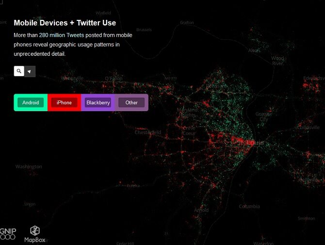 Wiadomości wysłane na Twittera z telefonów. Jeśli nałożyć na to mapę dochodów to okazuje się, że biedni korzystają z Androida, a bogaci z iOSa. Wyjątkiem są centra miast, gdzie mieszka biedota, ale z uwagi na biurowce przeważają iPhony