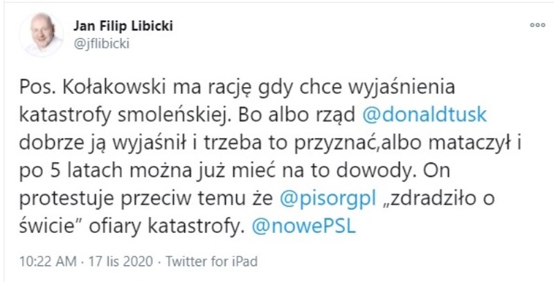 Komentarz senatora Jana Filipa Libickiego do fałszywego wpisu Lecha Kołakowskiego 