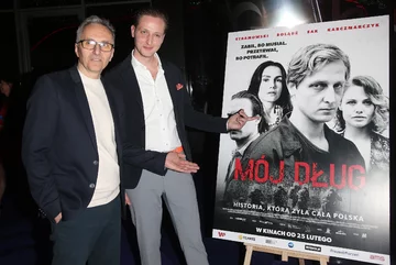 Sławomir Sikora i Bartosz Sak, odtwórca roli Sławomira Sikory na premierze filmu „Mój dług” 