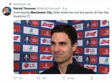 Odkąd opuścił City, Mikel Arteta przegrał mniej gier niż Pep Guardiola 