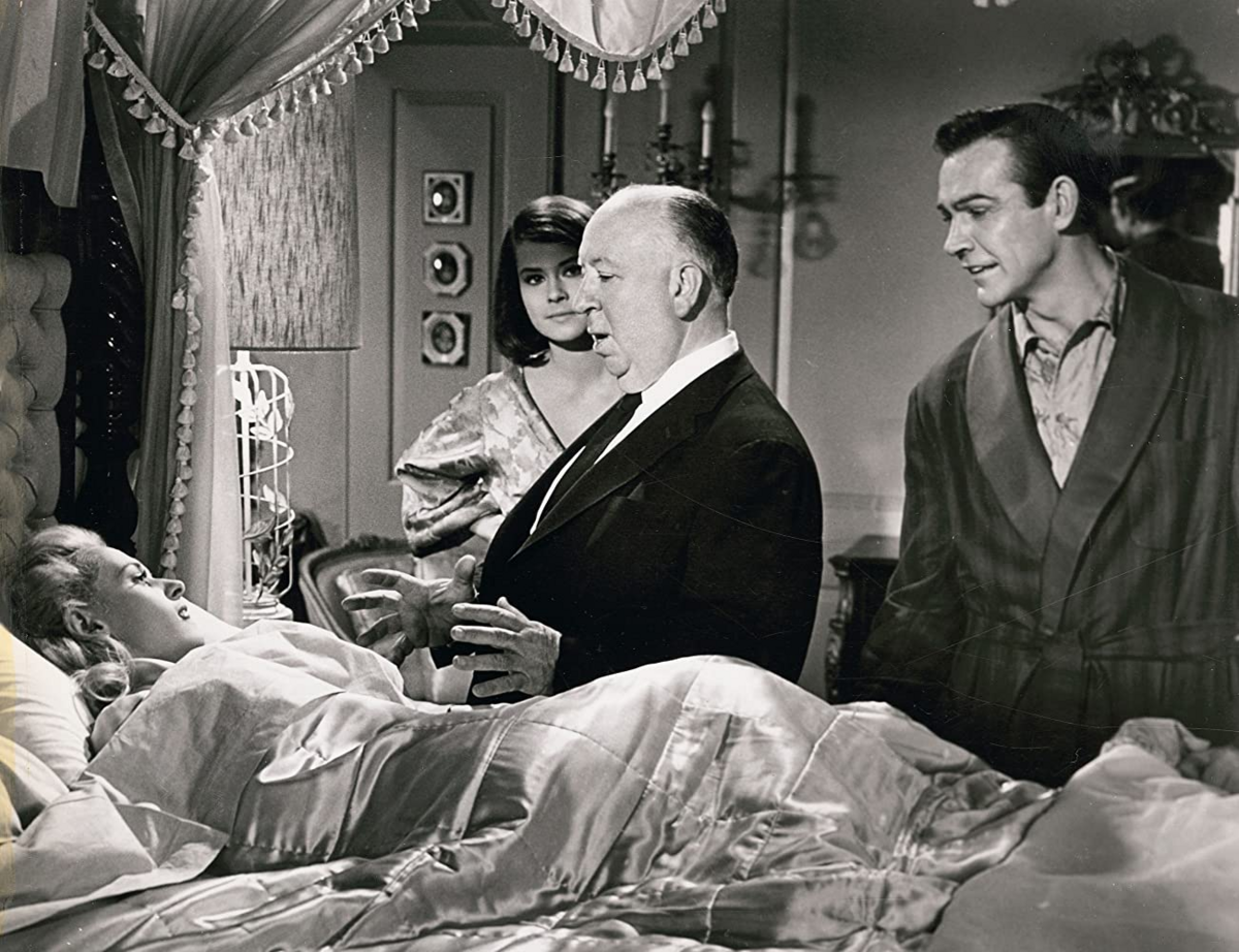 Alfred Hitchcock, Sean Connery, Diane Baker, and Tippi Hedren na planie filmu „Marnie” (1964) 