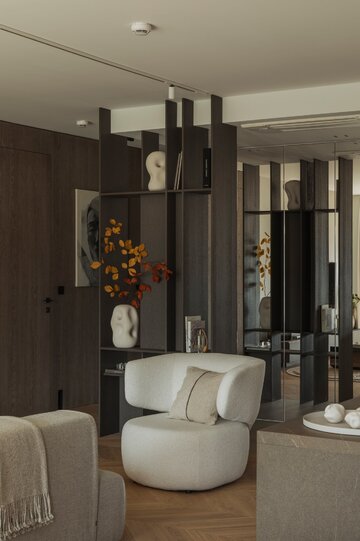 Apartament na warszawskim Mokotowie zaprojektowany przez VIA NOVA – przykład soft architecture, w której technologia KNX, stonowana paleta taupe i konsekwencja materiałowa budują ponadczasowy klimat 