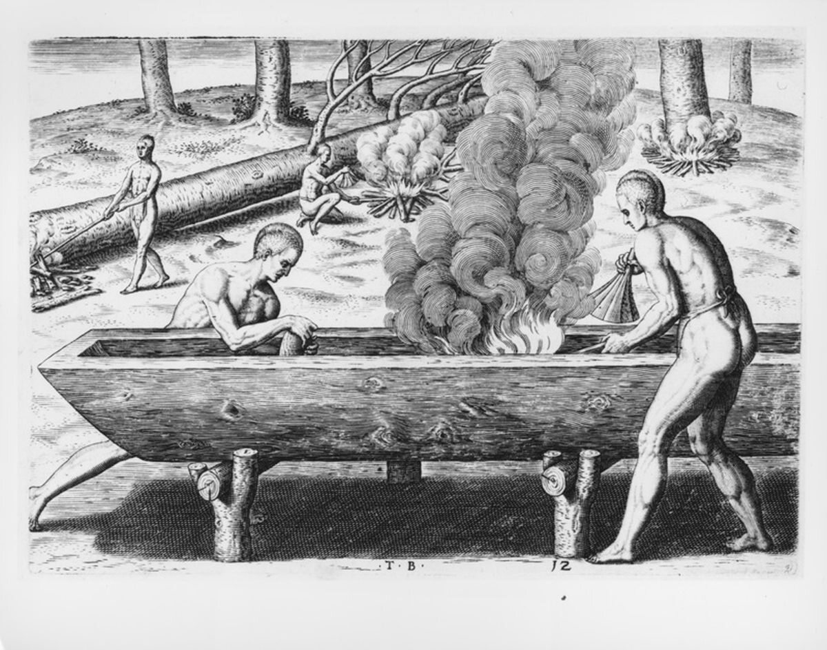 Indianie przy produkcji czółna, 1590 rok 