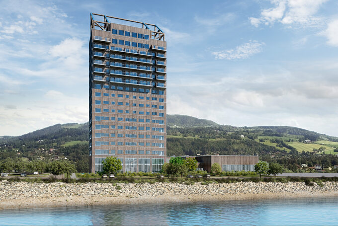 Drewniany wieżowiec Mjøstårnet w Brumunddal w Norwegii. W budynku znajdują się hotel, restauracje, apartamenty, biura, tereny rekreacyjne, kawiarnia, basen i taras widokowy na dachu