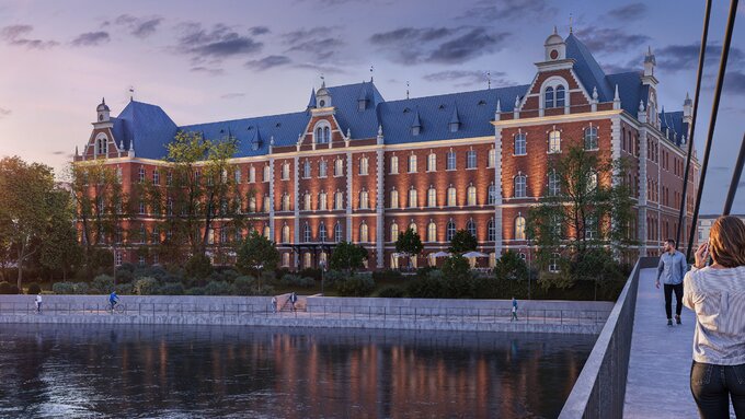 Wizualizacja dawnego gmachu Dyrekcji Kolei w Bydgoszczy z funkcją hotelu i usług towarzyszących