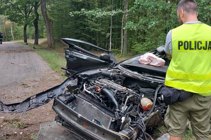 Zderzenie auta osobowego z drzewem w pow. mrągowskim