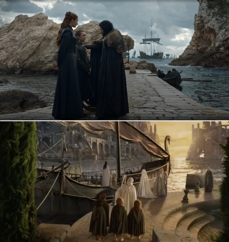 Pożegnanie Porównanie do „Władcy pierścieni” pojawia się też w końcówce serialu, gdy dochodzi do pożegnania Aryi, Sansy, Brana oraz Jona Snowa, gdy ten wyrusza na mur. Scena do złudzenia przypomina ostatnią z „Powrotu króla”.