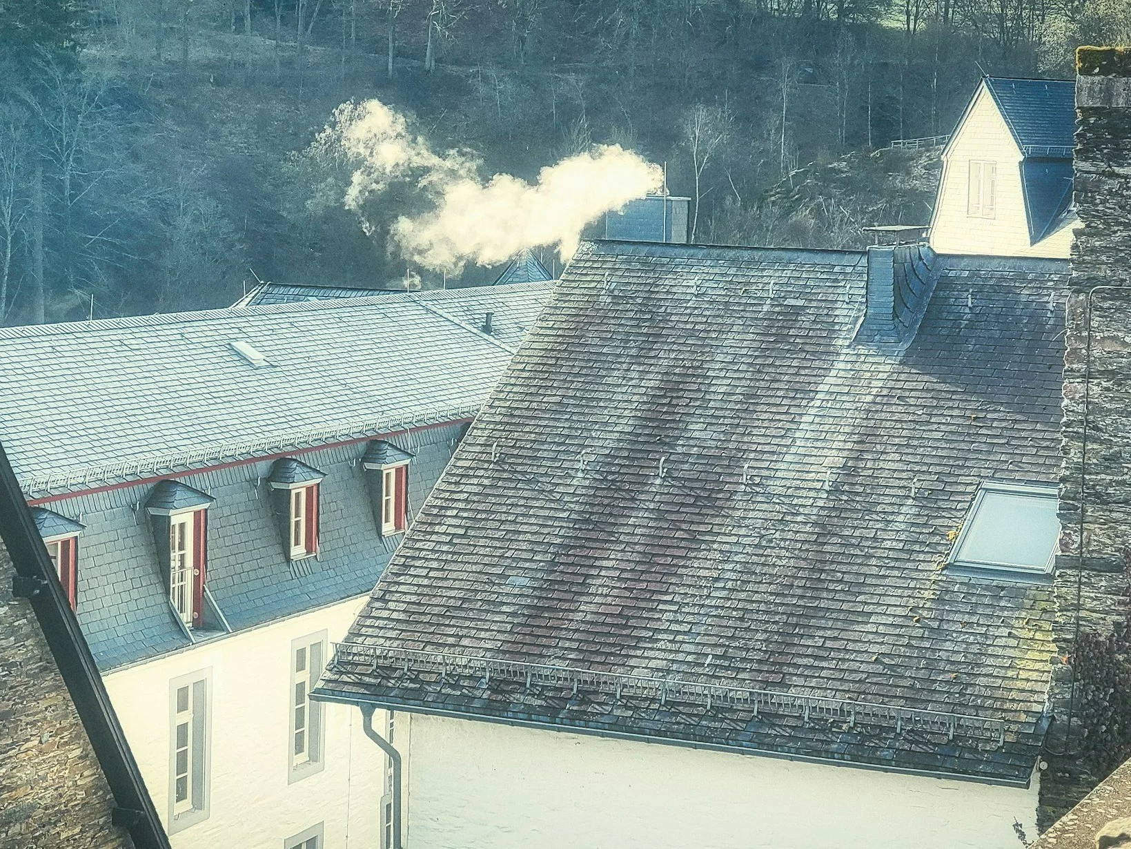 Widok na dachy i dymiący komin