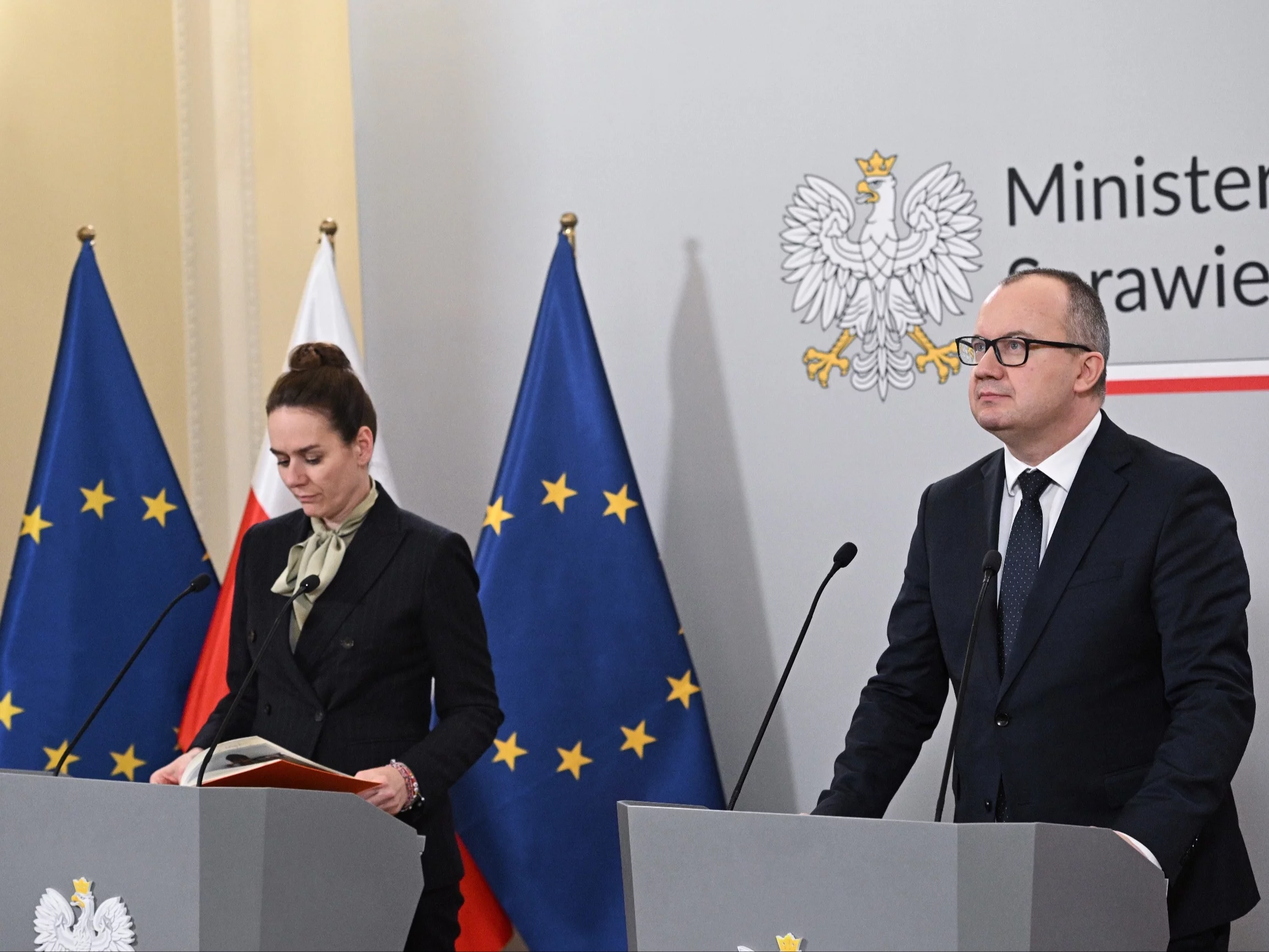 Minister sprawiedliwości, prokurator generalny Adam Bodnar oraz wiceministra sprawiedliwości Maria Ejchart podczas konferencji prasowej po wysłuchaniu kandydatów na stanowisko prokuratora krajowego