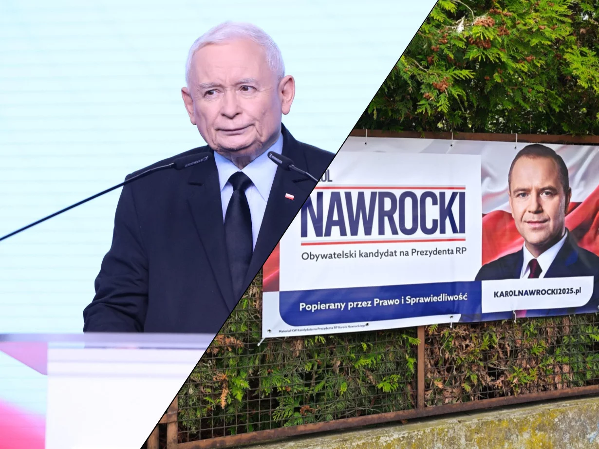 Jarosław Kaczyński i plakat Karola Nawrockiego na jego działce