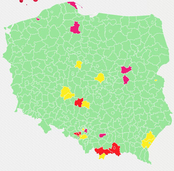 Aktualna lista żółtych i czerwonych powiatów