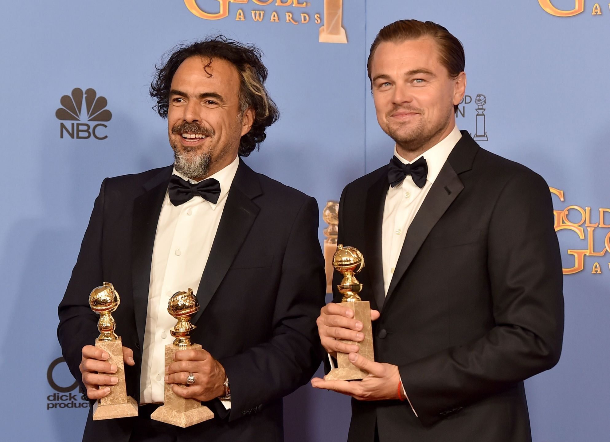 Alejandro González Iñárritu i Leonardo DiCaprio podczas 73. gali wręczenia Złotych Globów