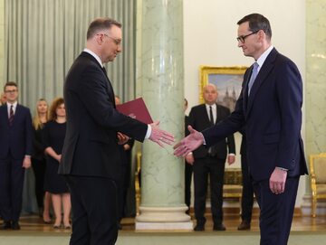 Andrzej Duda i Mateusz Morawiecki podczas uroczystości w Pałacu Prezydenckim