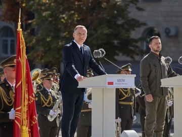 Andrzej Duda i Wołodymyr Zełenski podczas odchodów Dnia Niepodległości Ukrainy w Kijowie