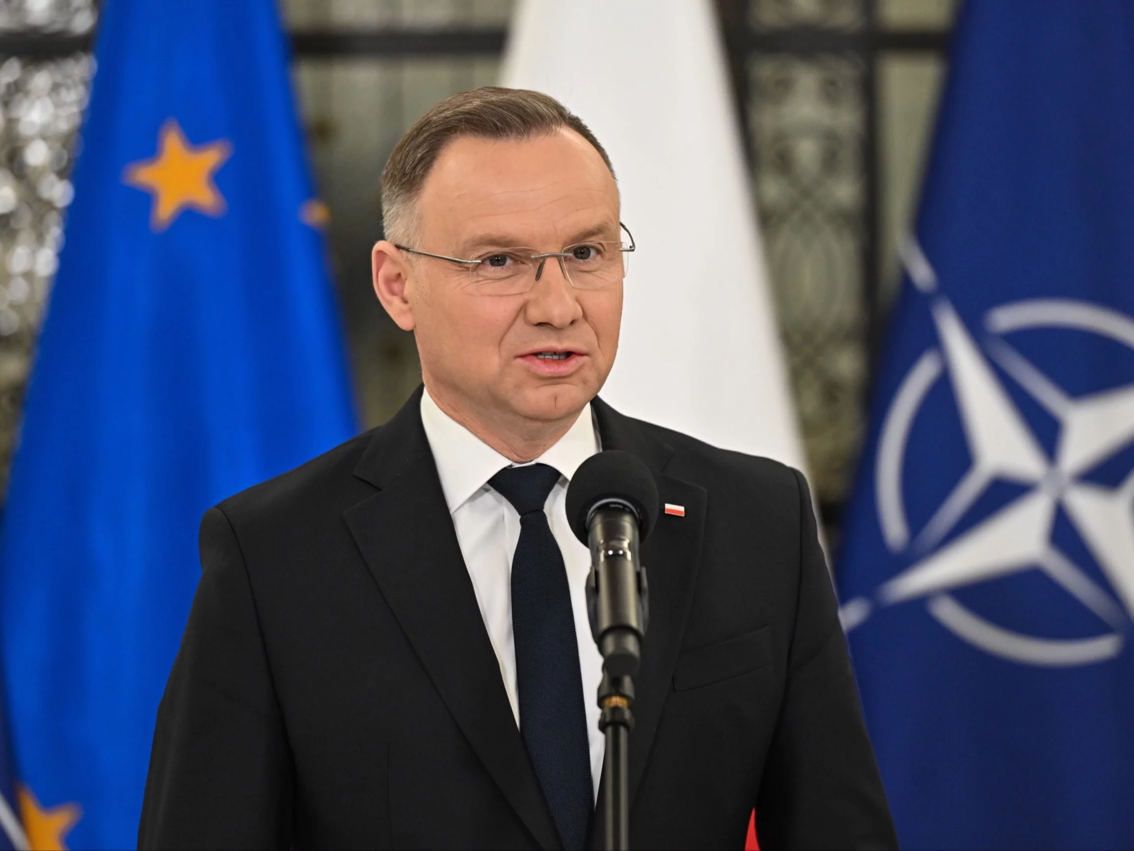 Prezydent RP Andrzej Duda podczas konferencji prasowej w Sejmie w Warszawie