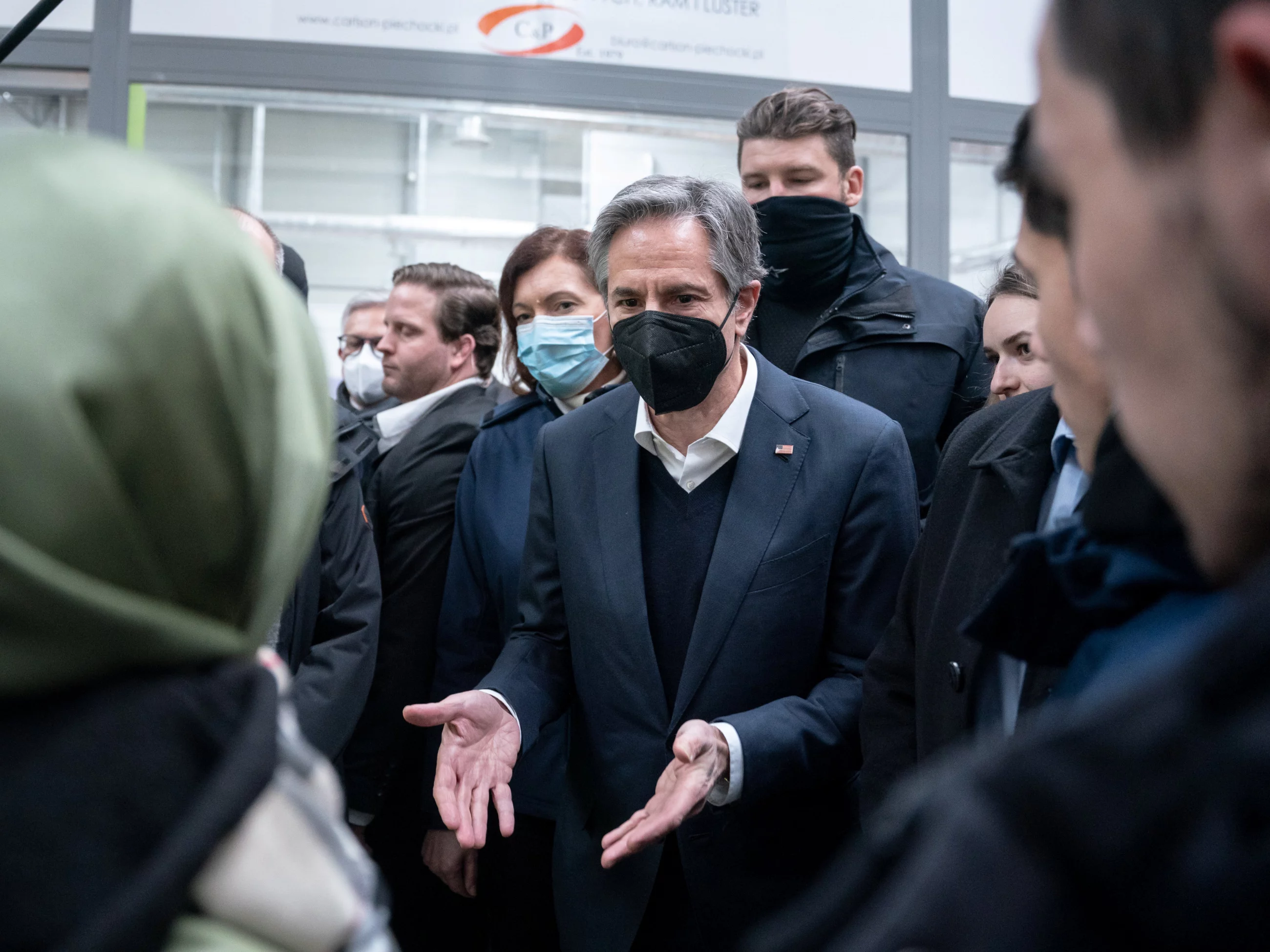 Antony Blinken na spotkaniu z uchodźcami w Korczowej