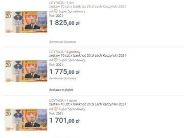 Aukcje na banknoty z Kaczyńskim na Allegro