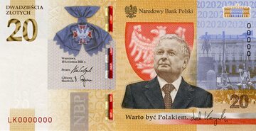 Banknot kolekcjonerski „Lech Kaczyński. Warto być Polakiem” z tytułem najlepszego banknotu kolekcjonerskiego 2021 roku