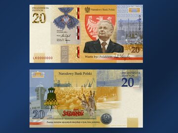 Banknot kolekcjonerski z prezydentem Lechem Kaczyńskim. Awers i rewers.
