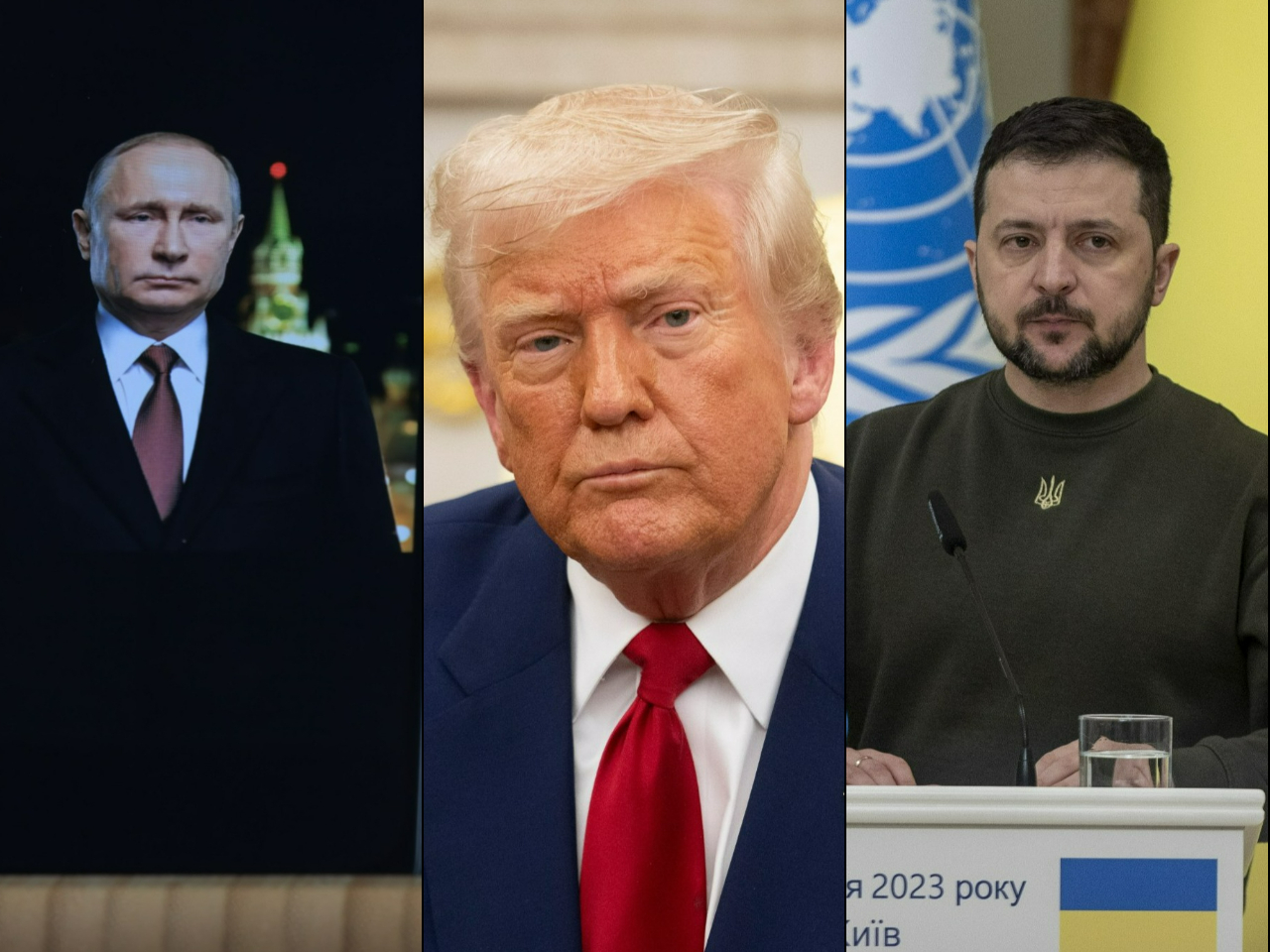 Prezydenci Władimir Putin, Donald Trump i Wołodymyr Zełenski