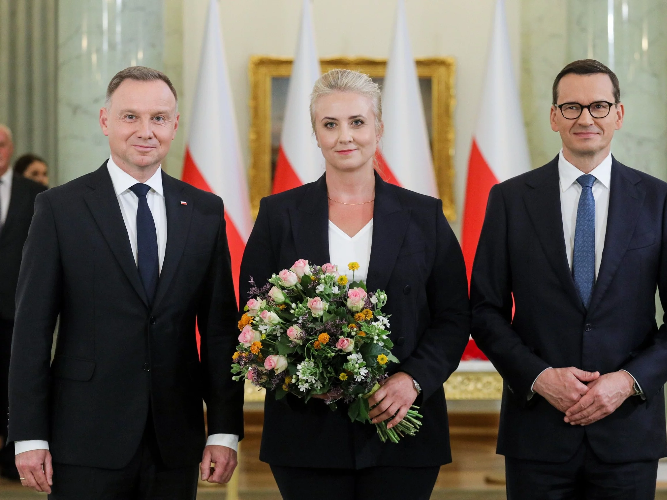 Prezydent Andrzej Duda, premier Mateusz Morawiecki i nowo powołana minister zdrowia Katarzyna Sójka