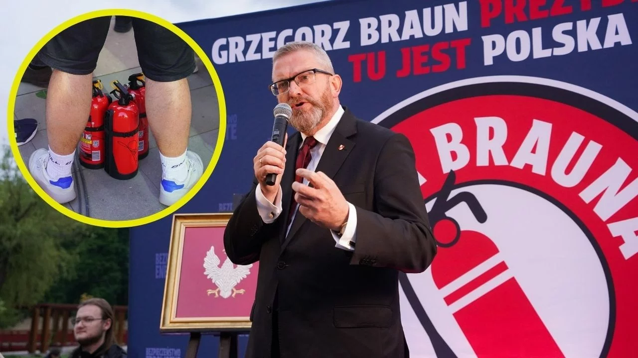 Grzegorz Braun i gaśnice z autografem