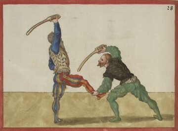 Chwycenie nogi i cios poniżej pasa, czyli XVI-wieczna szermierka na dussack. Ilustracja z dzieła Paulusa Hectora Maira, Opus Amplissimum de Arte Athletica