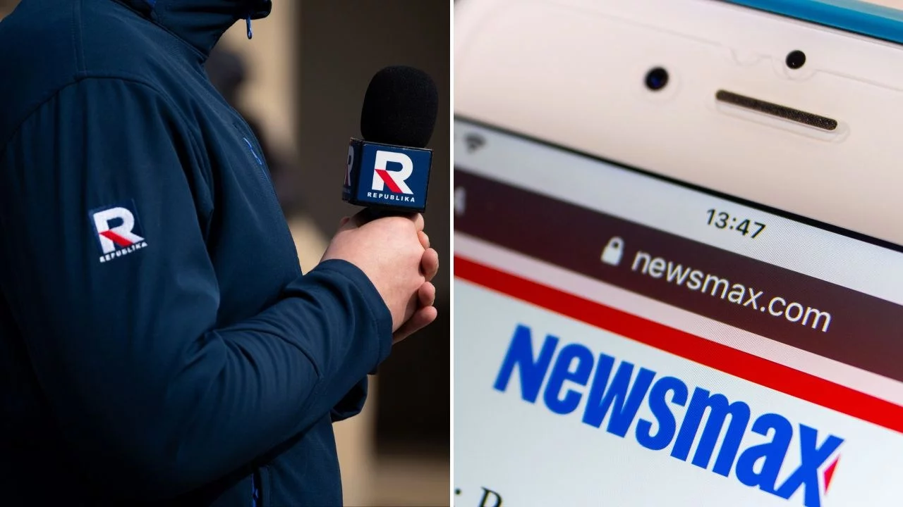 Pracownik TV Republika i logo Newsmax