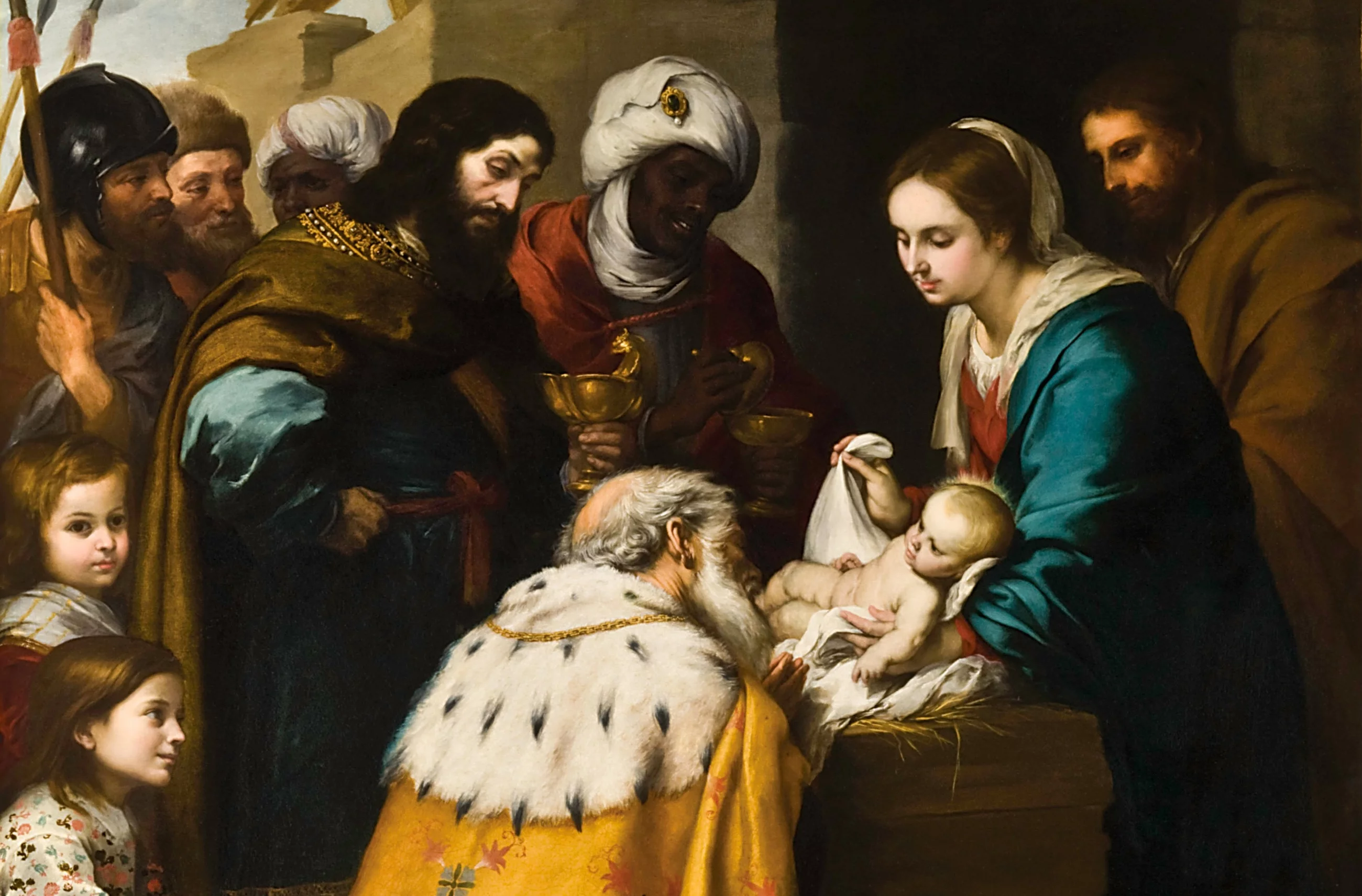 Pokłon Trzech Mędrców przed nowo narodzonym Jezusem, obraz z XVII wieku