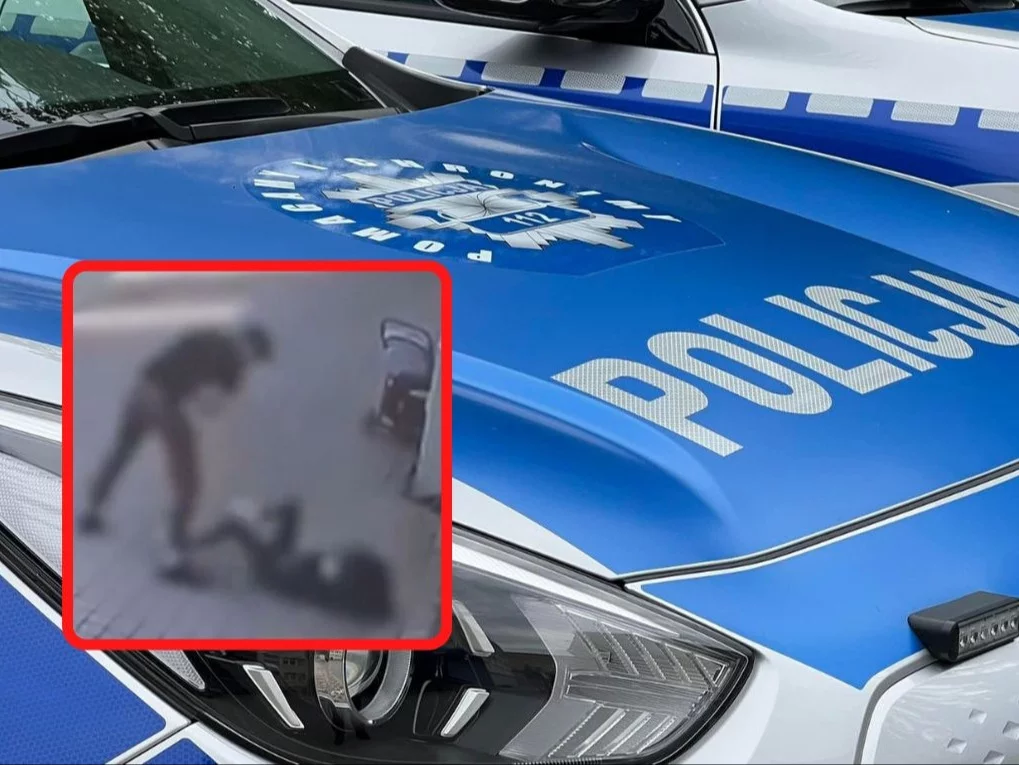 Policyjny radiowóz i kadr z pobicia w Kamiennej Górze