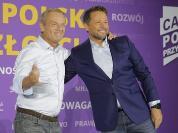 Donald Tusk i Rafał Trzaskowski podczas debaty w ramach Campusu Polska Przyszłości
