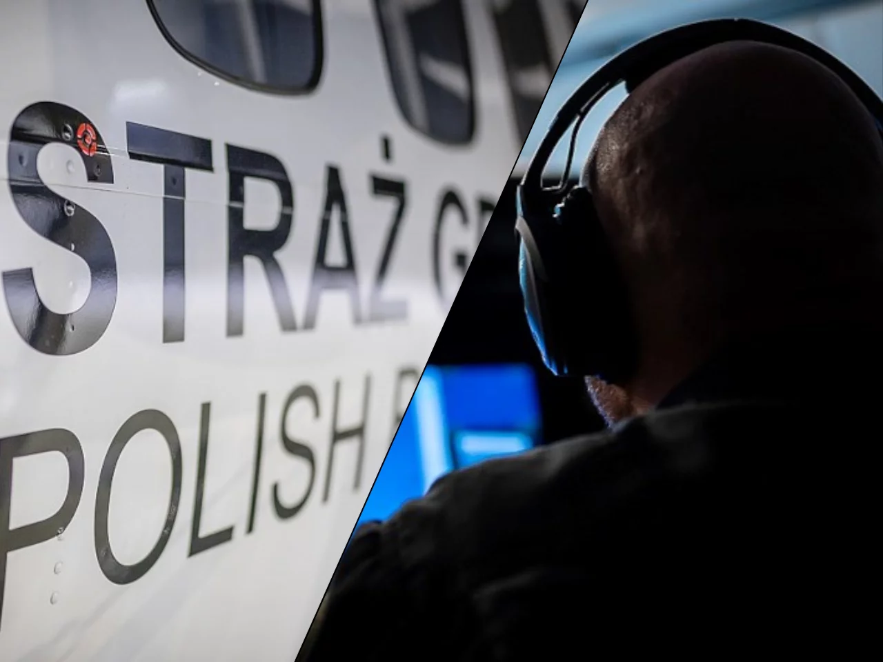 Bok samolotu Turbolet z napisem Straż Graniczna i operator systemów pokładowych przed monitorem, zdjęcie ilustracyjne