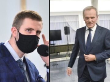 Dziennikarz TVP Info Miłosz Kłeczek i szef PO Donald Tusk