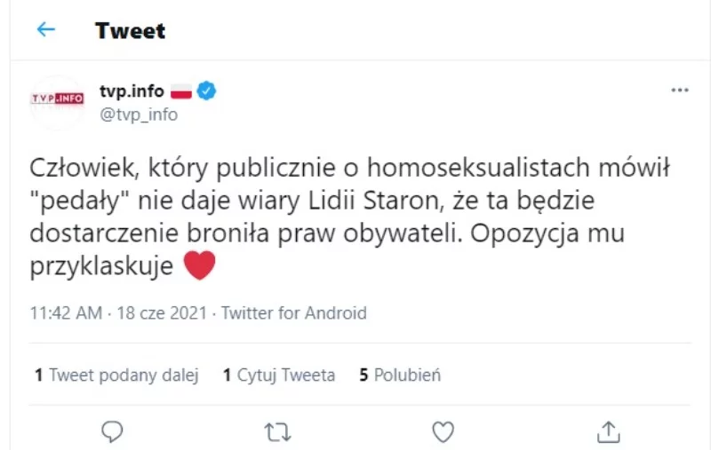 Wpis na twitterowym koncie TVP Info