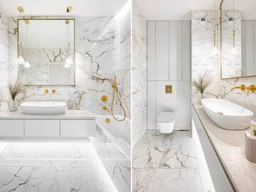 Elegancka łazienka wykończona marmurem i złotymi dodatkami, projekt: Decoroom