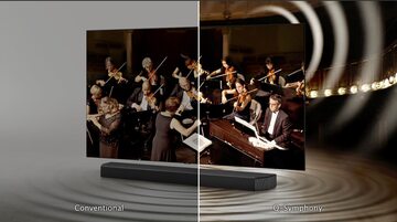 Funkcja Q-Symphony Samsunga łączy moce telewizora i soundbara, tworząc harmonijne doświadczenie audiowizualne, z naciskiem na wysoką jakość dźwięku Źródło: https://hdtvpolska.com/samsung-q-symphony-czyli-pelna-synergia-obrazu-i-brzmienia-dedykowany-telewi