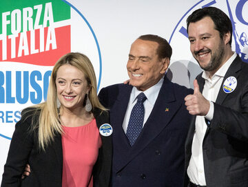 Giorgia Meloni, Silvio Berlusconi i Matteo Salvini, 2018 r.