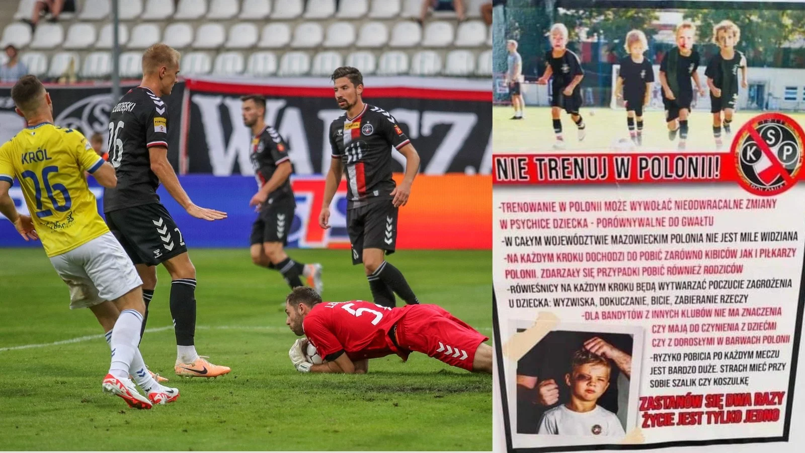 Piłkarze i plakat Polonii Warszawa