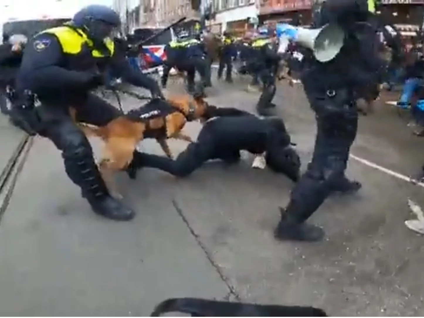 Policyjny pies użyty do rozpędzenia manifestacji przeciwników obostrzeń