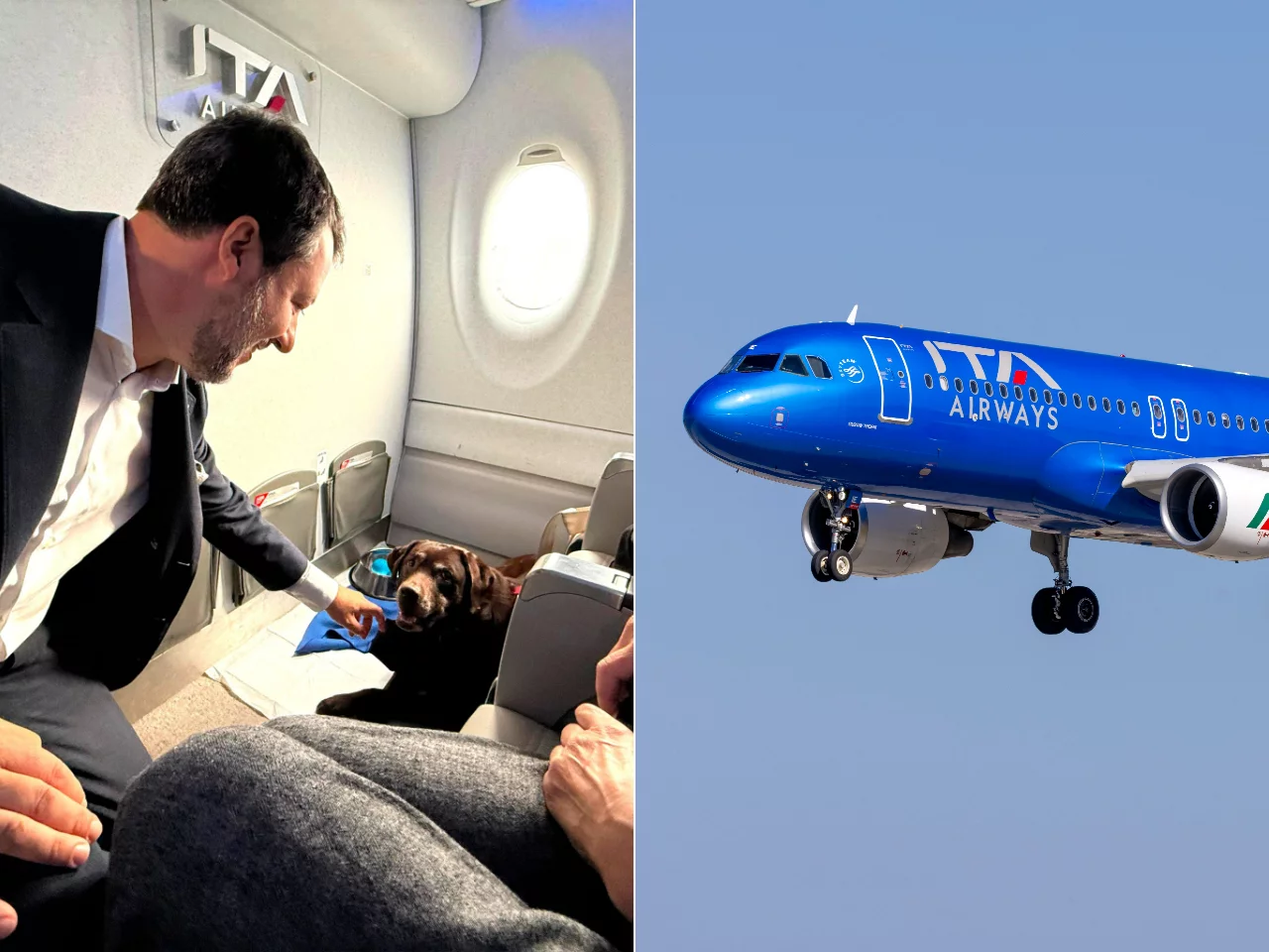 Minister Matteo Salvini i pies Moka w samolocie ITA Airways