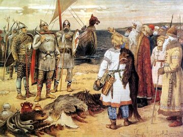 Ilustracja przedstawiająca spotkanie Wikingów ze Słowianami na Rusi. W epoce wikingów Słowianie zamieszkiwali też Skandynawię