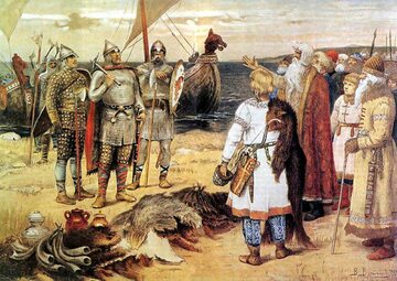 Ilustracja przedstawiająca spotkanie Wikingów ze Słowianami