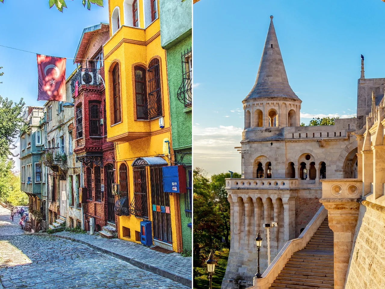 Dzielnica Balat w Stambule, po prawej Baszta Rybacka w Budapeszcie