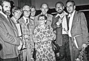 Jan Strzelecki (trzeci od lewej) jako doradca podczas strajku w Stoczni Gdańskiej